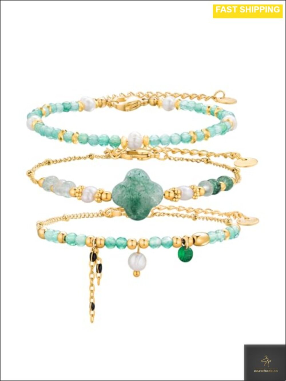 Boho Natural Stone Stackable Bracelet Set 3Pc Freshwater Pearl Gold Beaded